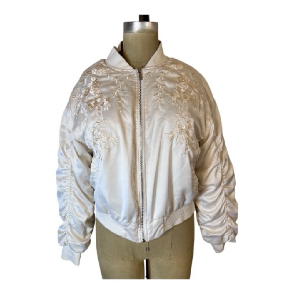 Akira Y2K Style women’s  Ivory Satin Embroidered Bomber Jacket